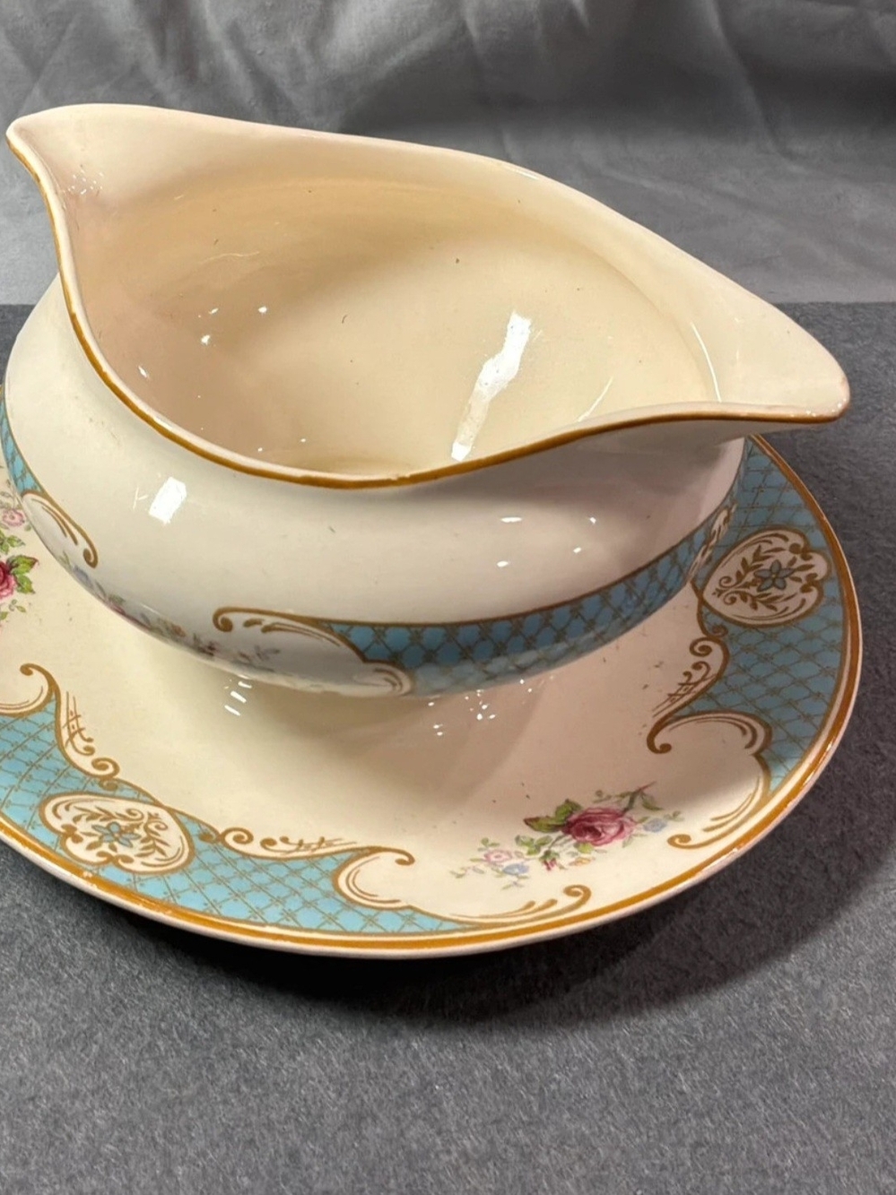 Straffordshire England Vintage Floral Blue and Gold Gravy Boat with Underplate